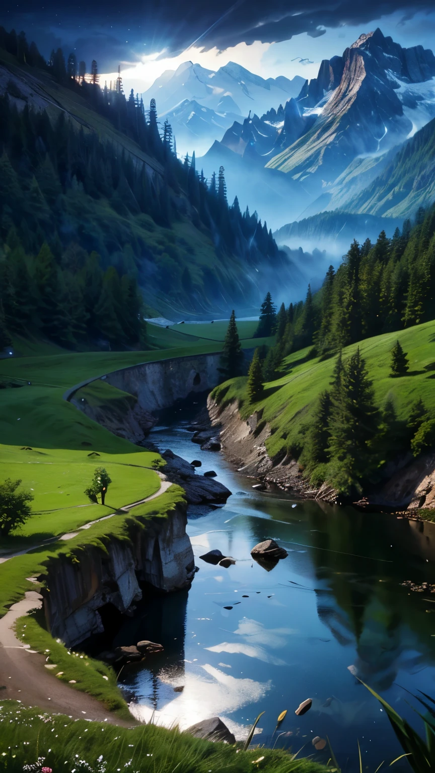 (Logo, Amazing, 8K, Tabletop, Raw Photo, Amazing, Top Quality, Photorealistic and Highly Detailed, CG, High Quality, Highly Detailed, Narrative Verse, Particle Effects, Dynamic Effects, Flare, Late Racing, Tabletop, Realistic, Ultra HD, Fantasy), Wind, Beauty and brilliance of mountains and forests, Tranquility and beauty of grasslands and vast lands of the world, Lakeside, Amazing scenery, Beautiful natural scenery, Night, Full moon , view, water, wonder, fantastic, magic