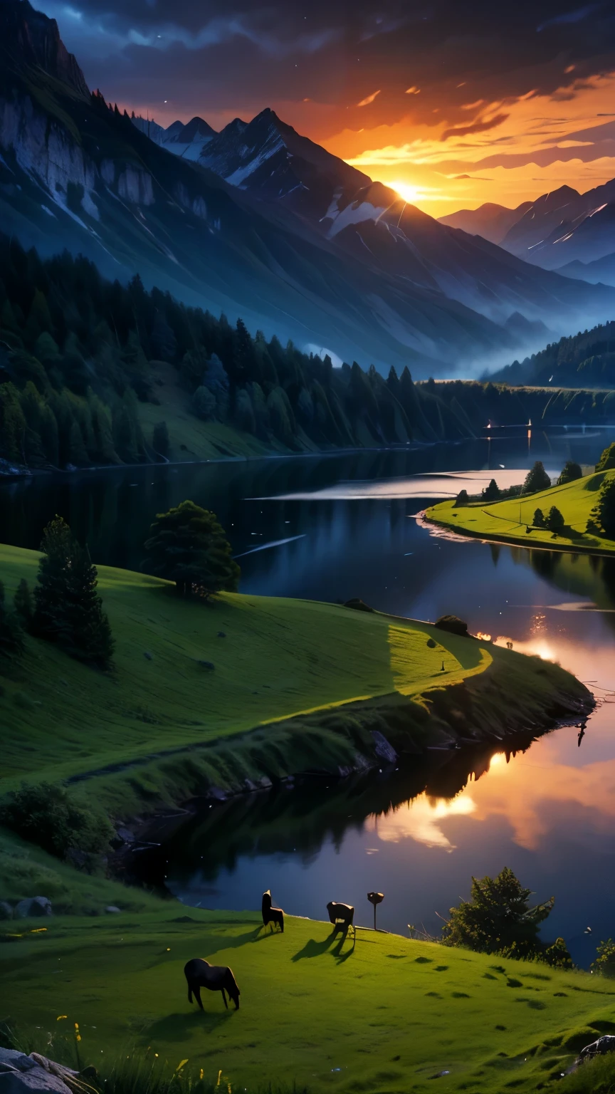 (Logo, Amazing, 8K, Tabletop, Raw Photo, Amazing, Top Quality, Photorealistic and Highly Detailed, CG, High Quality, Highly Detailed, Narrative Verse, Particle Effects, Dynamic Effects, Flare, Late Racing, Tabletop, Realistic, Ultra HD, Fantasy), Wind, Beauty and brilliance of mountains and forests, Tranquility and beauty of grasslands and vast lands of the world, Lakeside, Amazing scenery, Beautiful natural scenery, Night, Full moon , view, water, wonder, fantastic, magic
