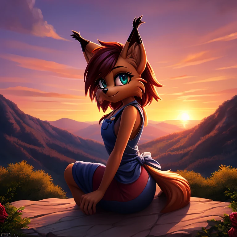 A girl sitting on a mountaintop, Nicole the lynx, with a mesmerizing sunset in the background. She is holding a delicate rose in her hands. The artwork is created in a lineless style, giving it a beautiful and ethereal quality. The overall image is in a 2D format, showcasing the vibrant colors and intricate details. The lighting captures the warm hues of the sunset, creating a romantic and enchanting atmosphere. The emphasis is on the best quality and high resolution of the artwork, with ultra-detailed features and a realistic, photorealistic appearance.