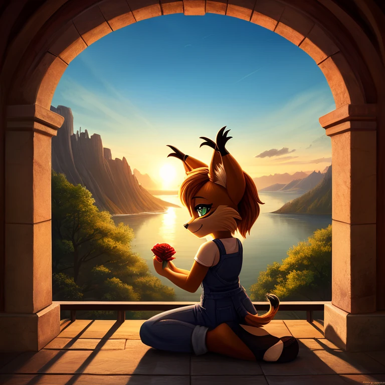 A girl sitting on a mountaintop, Nicole the lynx, with a mesmerizing sunset in the background. She is holding a delicate rose in her hands. The artwork is created in a lineless style, giving it a beautiful and ethereal quality. The overall image is in a 2D format, showcasing the vibrant colors and intricate details. The lighting captures the warm hues of the sunset, creating a romantic and enchanting atmosphere. The emphasis is on the best quality and high resolution of the artwork, with ultra-detailed features and a realistic, photorealistic appearance.
