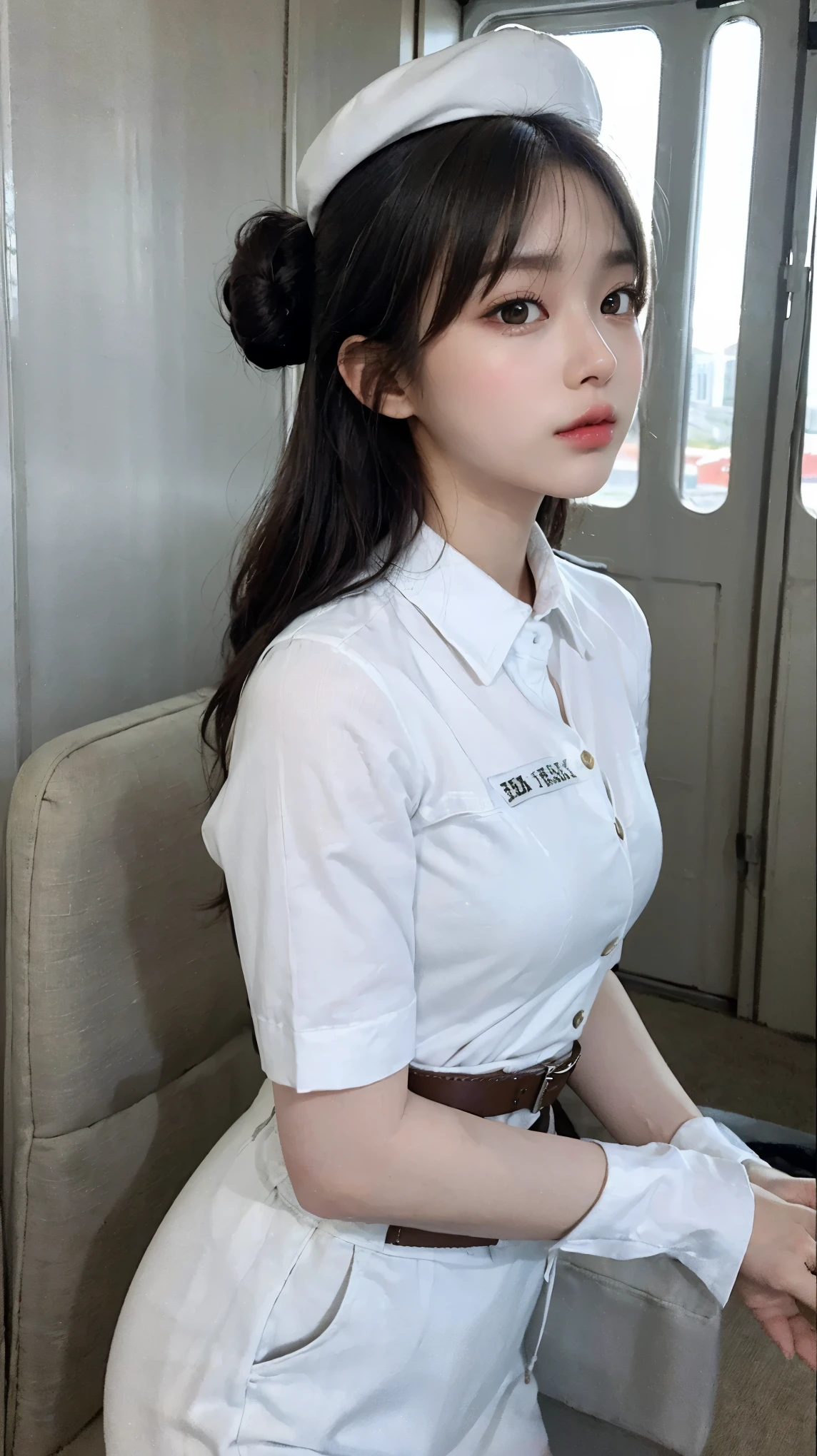 Top Quality, Masterpiece, 8K, Ultra High Definition, (Photorealistic: 1.4), 1 Girl, Beautiful Face, Symmetrical Eyes, Big adorable eyes, Perfect Body Proportions, Stewardess Uniform, Viewer's Look, stand up, side View, Shoulder Jump, Absolute Area (1.3), Extremely high resolution, silky smooth skin, depth of field, detailed face and eyes, white color uniform, big black detailed belt, tight skirt, hat like a flight attendant wearing, bun hair