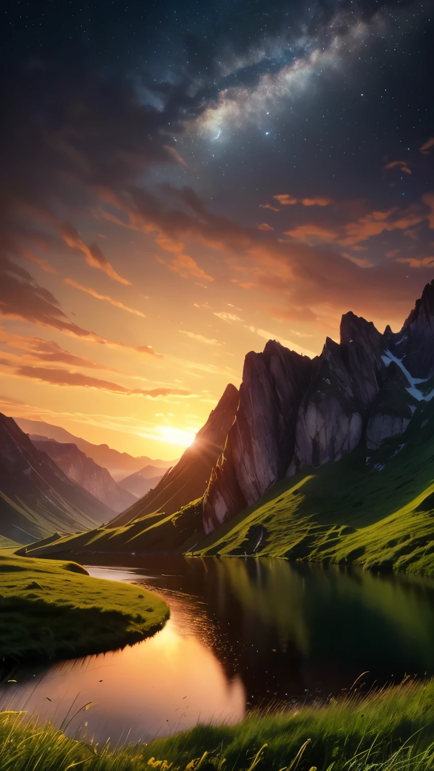 (Logo, Amazing, 8K, Tabletop, Raw Photo, Amazing, Top Quality, Photorealistic and Highly Detailed, CG, High Quality, Highly Detailed, Narrative Verse, Particle Effects, Dynamic Effects, Flare, Late Racing, Tabletop, Realistic, Ultra HD, Fantasy), Wind, Beauty and brilliance of mountains and forests, Tranquility and beauty of grasslands and vast lands of the world, Lakeside, Amazing scenery, Beautiful natural scenery, Night, Full moon , view, water, wonder, fantastic, magic