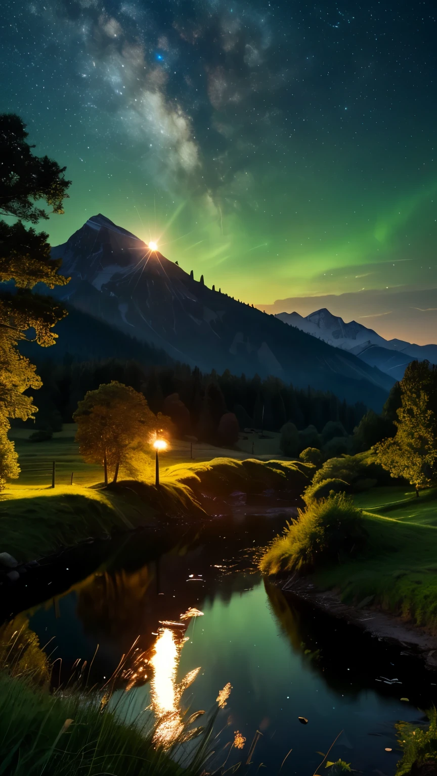 (Logo, Amazing, 8K, Tabletop, Raw Photo, Amazing, Top Quality, Photorealistic and Highly Detailed, CG, High Quality, Highly Detailed, Narrative Verse, Particle Effects, Dynamic Effects, Flare, Late Racing, Tabletop, Realistic, Ultra HD, Fantasy), Wind, Beauty and brilliance of mountains and forests, Tranquility and beauty of grasslands and vast lands of the world, Lakeside, Amazing scenery, Beautiful natural scenery, Night, Full moon , view, water, wonder, fantastic, magic