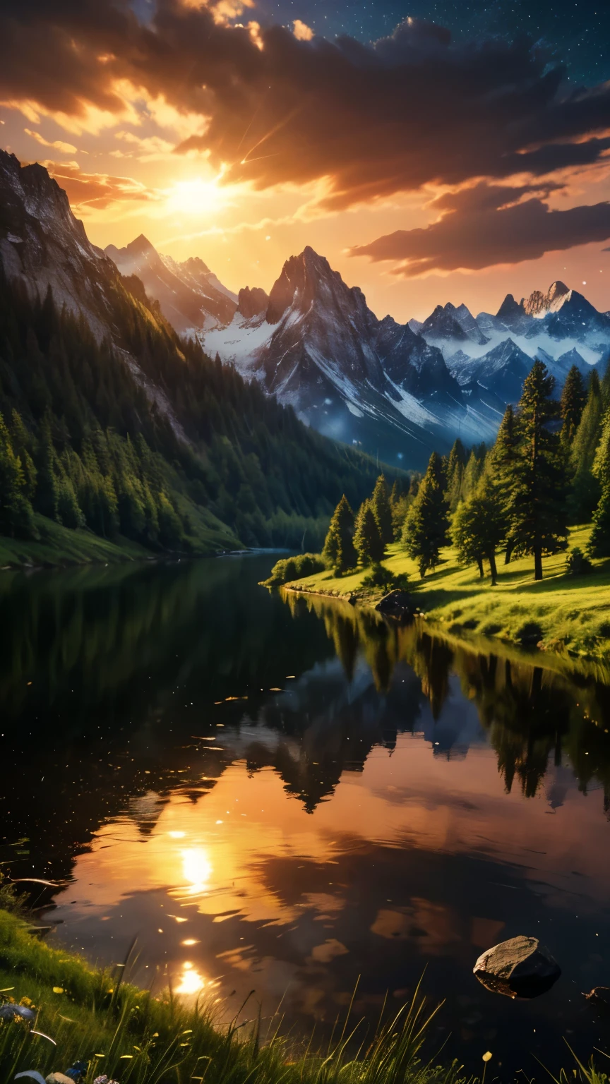(Logo, Amazing, 8K, Tabletop, Raw Photo, Amazing, Top Quality, Photorealistic and Highly Detailed, CG, High Quality, Highly Detailed, Narrative Verse, Particle Effects, Dynamic Effects, Flare, Late Racing, Tabletop, Realistic, Ultra HD, Fantasy), Wind, Beauty and brilliance of mountains and forests, Tranquility and beauty of grasslands and vast lands of the world, Lakeside, Amazing scenery, Beautiful natural scenery, Night, Full moon , view, water, wonder, fantastic, magic