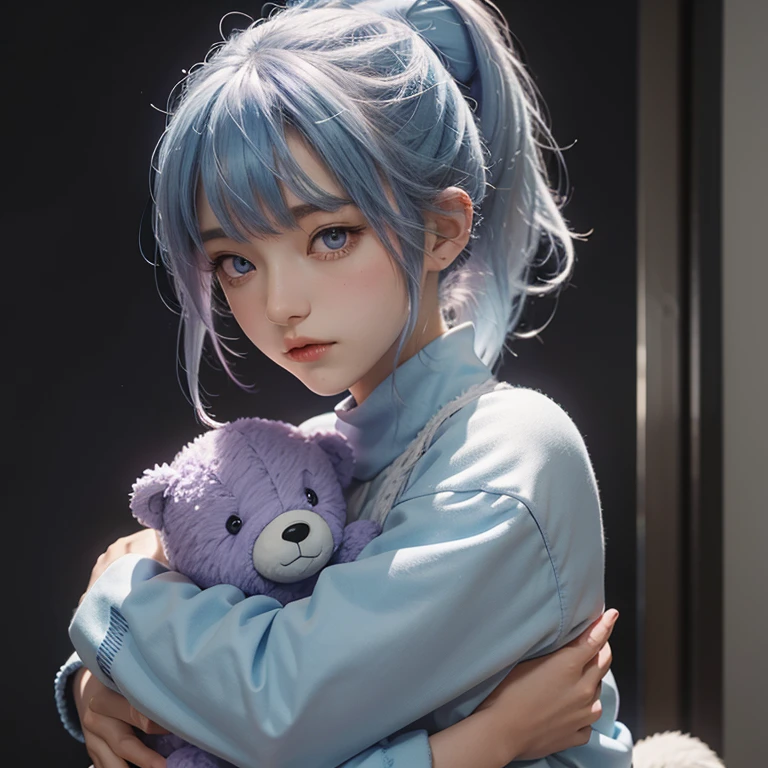 young girl with light blue ponytails and purple eyes, hugging teddy bear