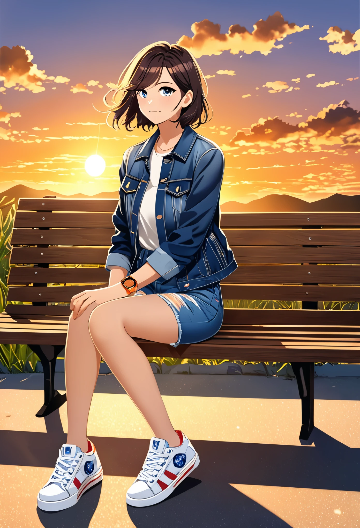 Um jovem com，Use uma jaqueta jeans，Wear sneakers，Com um colar，wristwatch，Sit on a wooden bench by the roadside，Look at the clouds in the sky，Transporte de pedestres，Sunset and Sunset，Foto de corpo inteiro em close，ultra high definition, SVG,2D