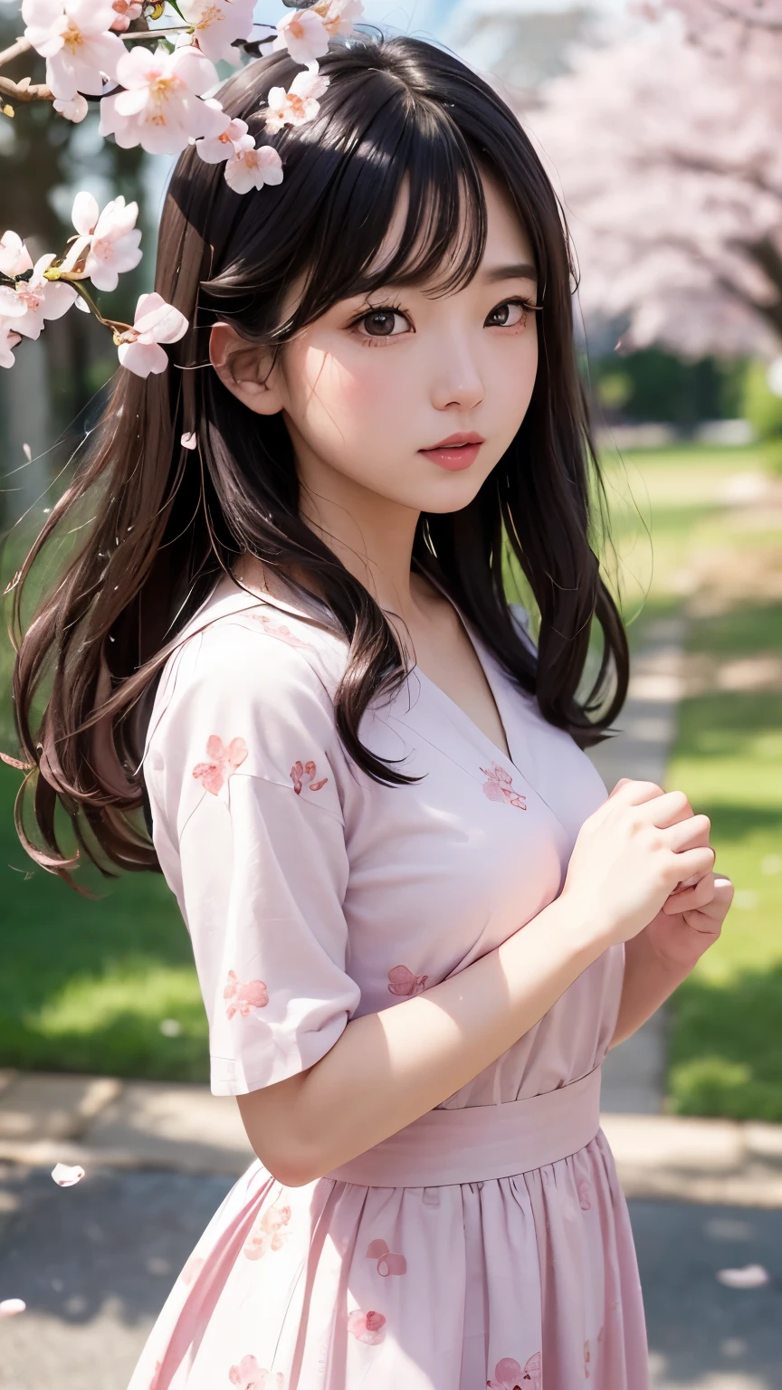 (A logo、masterpiece、8K、masutepiece、Raw photo、Fantastic、Best Quality、Photorealistic and ighly detailed CG integrated 8k wallpaper、hightquality、ighly detailed、epic poem、Particle effect、Dynamic effects、depth of fields、Cinematic Light、Lens Flare、Ray tracing)、Fantasia、 (Beauty 1 person、doress、Dress、Cherry blossom pattern、A dark-haired、Beautiful face、Real Face、beautiful details eyes beautiful skin)、my hair dances in the wind、Hair flutters in the wind、Hair jumps、Pink cherry blossom tree、Petals flutter、Sakura blizzard、Superb view、morning glow、Sun in the background、the wind、