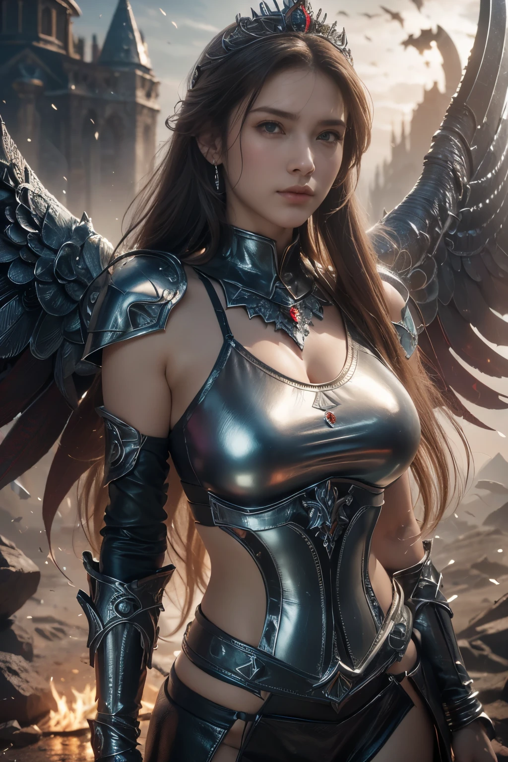 tmasterpiece,Best quality,A high resolution,8K,((Portrait)),(Head close-up),Original photo,real photo,digital photography,(Medieval fantasy style female fighting angel),(The Angel of Fantasy),20 year old girl,cheveux gris courts,((The eyes are red,The eye of the devil), jewelry,Keep your mouth shut,Beautiful Elegant,((Frown, get angry)),haughty,Noble and charming,(Bikini Armontasy style leather armor,Metallic luster,Bikini),(The Devil's Body),Crown,Angel halo,(Angels of Power),Photo pose,medieval characterantasy style,the night,starryskybackground,oc render reflection texture