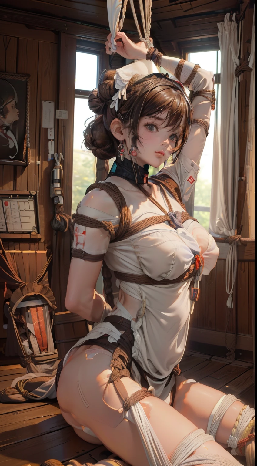 highest quality, masterpiece, (original photo, professional photography, photorealistic, realistic:1.3), Highly detailed CG 16K unified wallpaper, (best aesthetics, Natural light:1.1), ultra high resolution, (correct anatomy:1.5), ((Highly detailed skin texture:1.1)), ((View from the front:1.3)), throw, 1 girl, japanese woman, alone, looking at the viewer, cowboy shot, (medical staff:1.4), (nurse:1.3), (24-years-old:1.1), (look younger than one's actual age:1.3), brown hair, (single hair bun hair:1.5), pretty fine skin, black eyes, ((thin目:1.4)), detailed nose, beautiful lips, (embarrassing:1.3), ((white scrub, short sleeve:1.5)), ((a bit, thin:1.4)), ((beautiful breasts:1.2)), (((turn your arms behind your back, restrained, shibari, rope bondage:1.5))), (((sitting on the floor:1.4))), (((indoor, midnight, dark room, empty operating room:1.2)))、big breasts、Pink nipples are exposed、exposing the crotch、perfect proportions、perfect beauty、The cutest in the world、Two-dimensional beautiful girl、sexy look