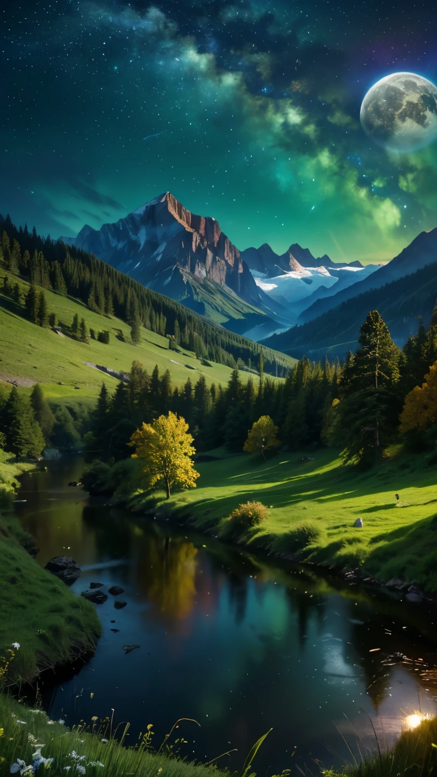 (Logo, Amazing, 8K, Tabletop, Raw Photo, Amazing, Top Quality, Photorealistic and Highly Detailed, CG, High Quality, Highly Detailed, Narrative Verse, Particle Effects, Dynamic Effects, Flare, Late Racing, Tabletop, Realistic, Ultra HD, Fantasy), Wind, Beauty and brilliance of mountains and forests, Tranquility and beauty of grasslands and vast lands of the world, Lakeside, Amazing scenery, Beautiful natural scenery, Night, Full moon , view, water, wonder, fantastic, magic