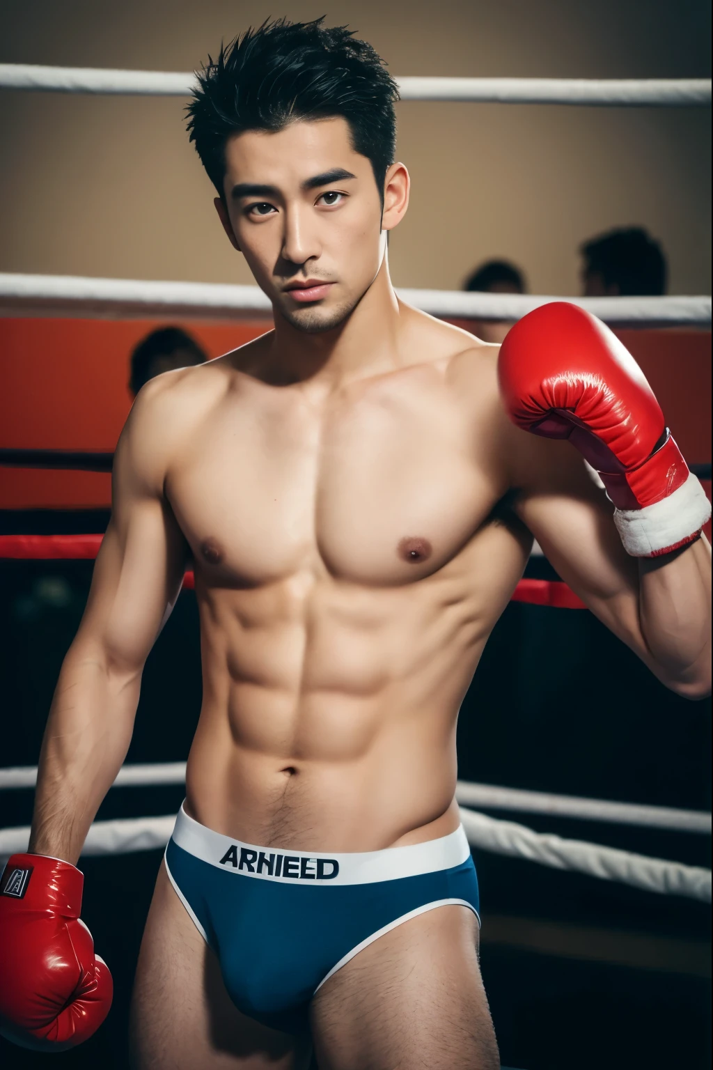 Arafed man in a briefs, handsome man, handsome guy, Full Body Shoot, photoshoot, beard, a little beard, male underwear, white briefs, portrait, look at camera, detailed facial parts, Manly, Charmer, Active Boy, boxing stadium, boxing ring, harness, furious expression, angry, perfect anatomy, symmetric body, asian boy 25-year-old, shirtless :: high detail, asian, a little six packs attractive body, realistic, human skin, handsome chad chin, shirtless, handsome, lean muscle, attractive, slim, masculine, sexually attractive, glossy skin, human skin, (eyes contact), Handsome, Attractive, bulge in briefs, The crotch is raised, bright tone