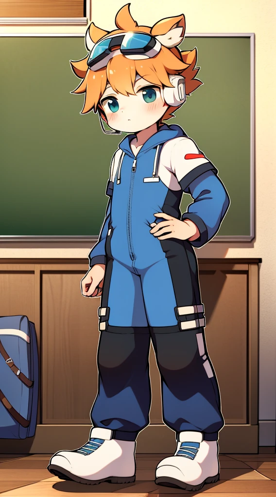 2D boy Shota,One-piece mountaineering suit,Put the headphones on your head,standing,goggles,horns,cow ears,sports shoes,classroom,