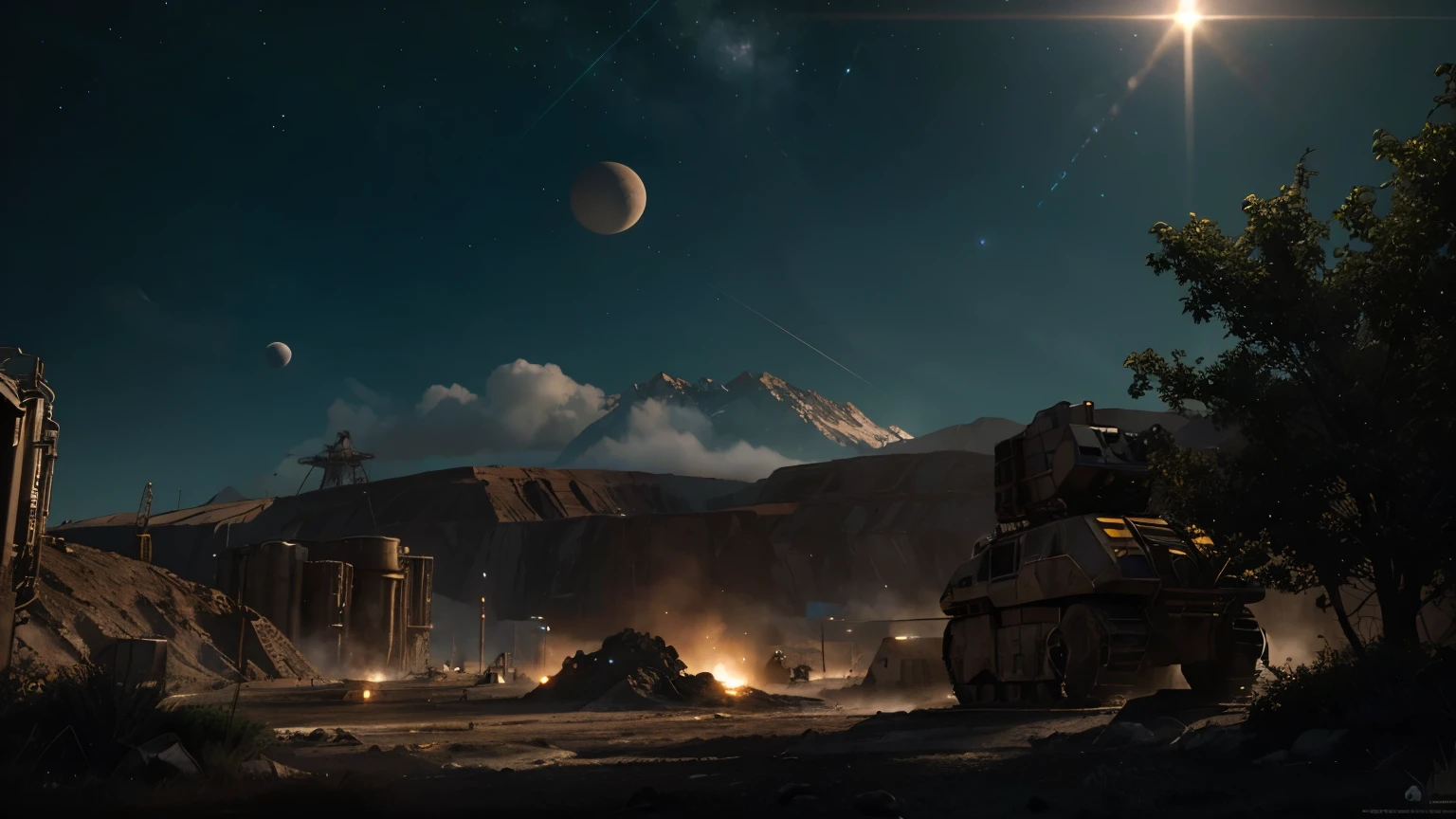 Sci-fi digital painting of an alien landscape with (otherworldly plants), ((strange creatures)), and distant moons in sky, and mining company with big machines, ((cinematic lighting)).