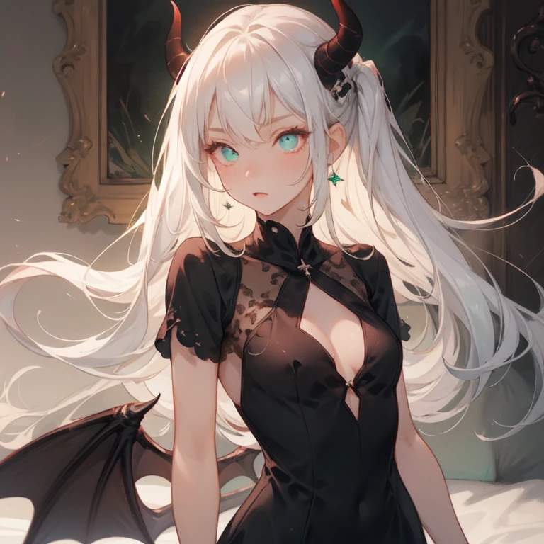 1girl, demon, crazy expression, evil, mint eyes, blonde almost white hair, demon horns, demon wings on her back, small breast, black and mint colored dress