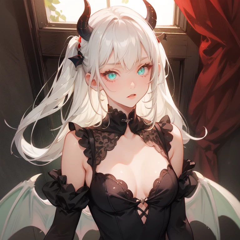 1girl, demon, crazy expression, evil, mint eyes, blonde almost white hair, demon horns, demon wings on her back, small breast, black and mint colored dress