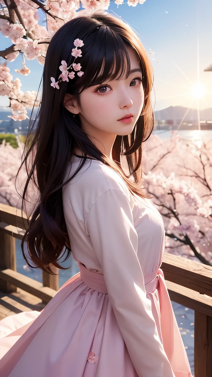 (A logo、masterpiece、8K、masutepiece、Raw photo、Fantastic、Best Quality、Photorealistic and ighly detailed CG integrated 8k wallpaper、hightquality、ighly detailed、epic poem、Particle effect、Dynamic effects、depth of fields、Cinematic Light、Lens Flare、Ray tracing)、Fantasia、 (Beauty 1 person、doress、Dress、Cherry blossom pattern、A dark-haired、Beautiful face、Real Face、beautiful details eyes beautiful skin)、my hair dances in the wind、Hair flutters in the wind、Hair jumps、Pink cherry blossom tree、Petals flutter、Sakura blizzard、Superb view、morning glow、Sun in the background、the wind、
