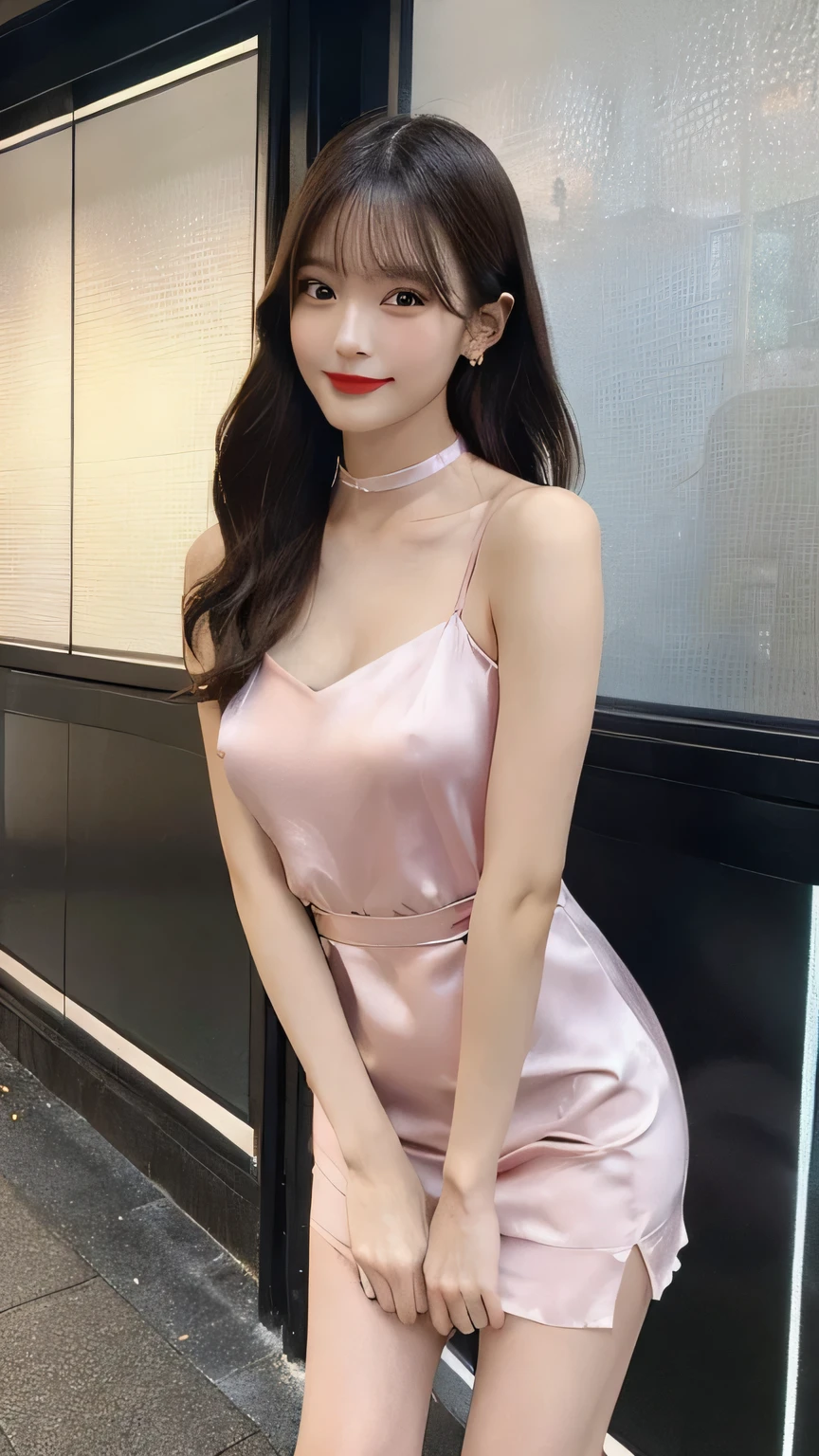 lady 1people,(full body figure:1.2),(nine heads and bodies:2.0), small butt,(thin thighs),(long and thin legs: 2.0),(Knees Stretch:2.0),stand with legs closed,(height 2/3 is the leg:2.0), (light cherry color pumps:1.2), (Tight casual dress made of light cherry color silk :1.3), light cherry color choker,Transparent white glossy skin, 25 years old, cute sexy little face, light red lips, parted lips, sexy face, sexy young woman, Beautiful smile, Medium chest, slender body shape, tight waist, beautiful hands, thin shoulders, look at the audience, standing position, bamboo forest morning