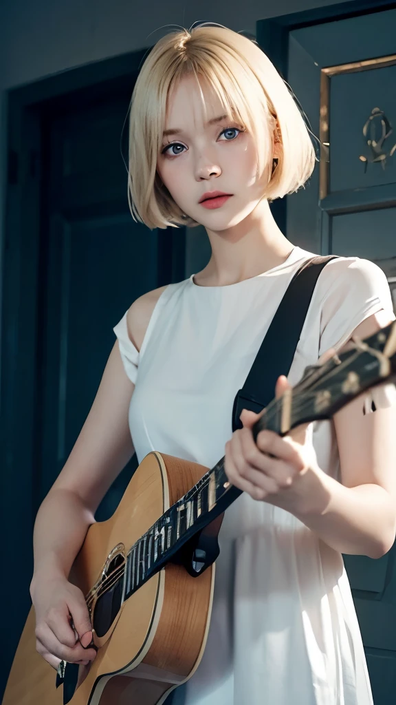 A short blonde haired sweden girl, bob cut, bang, blue eyes, 14 years old, young, pale skin, wearing a white silky dress, peeking behind a door, feeling anxiety, sad, sweaty, Ultra high res, uhd, (photorealistic:1.4), close up, doll-like face, in a dark room dramatic lighting, playing guitar, guitar, electric guitar