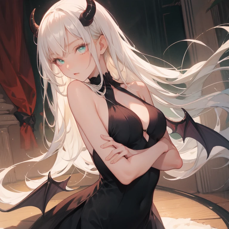 1girl, demon, crazy expression, evil, mint eyes, blonde almost white hair, demon horns, demon wings on her back, small breast, black and mint colored dress