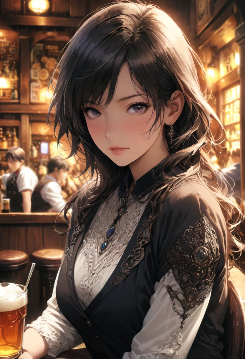 girl, sit, pub, by Tsukasa Hojo, realistic, detailed background, (masterpiece, best quality, perfect composition, very aesthetic, absurdres, ultra-detailed, intricate details, Professional, official art, Representative work:1.3), (Animagine:0.01)