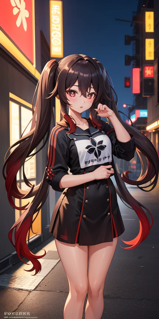 masterpiece, Highest quality, Hu Tao V4, One girl, alone, blush, Twin tails, Long Hair, Hair between the eyes, ((Streetwear)), city, Outdoor, night, Movie Posters, Extremely detailed 8K, Smooth, High resolution, super high quality, Cinema Lighting, Ambient Occlusion, High resolution, 2k, 4K, 8K, 16K, Highly detailed anime, Detailed face, Perfect composition, Wide Shot, Atmospheric lighting, Very sexy, Lift up your skirt, Random waist angle, No correction, Browsing Caution, No correction