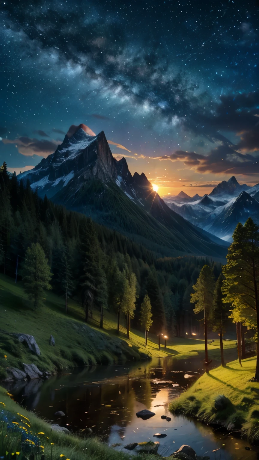 (Logo, Awesome, 8K, Tabletop, Raw Photo, Awesome, Top Quality, High Quality, Highly Detailed, Particle Effects, Dynamic Effects, Raytracing, Tabletop, Realistic, Ultra HD, Fantasy), Wind, Story Poetry, the beauty and brilliance of mountains and forests, the silence and beauty of the grasslands and vast lands of the world, night, full moon, lakeside, wonderful scenery, beautiful natural scenery.