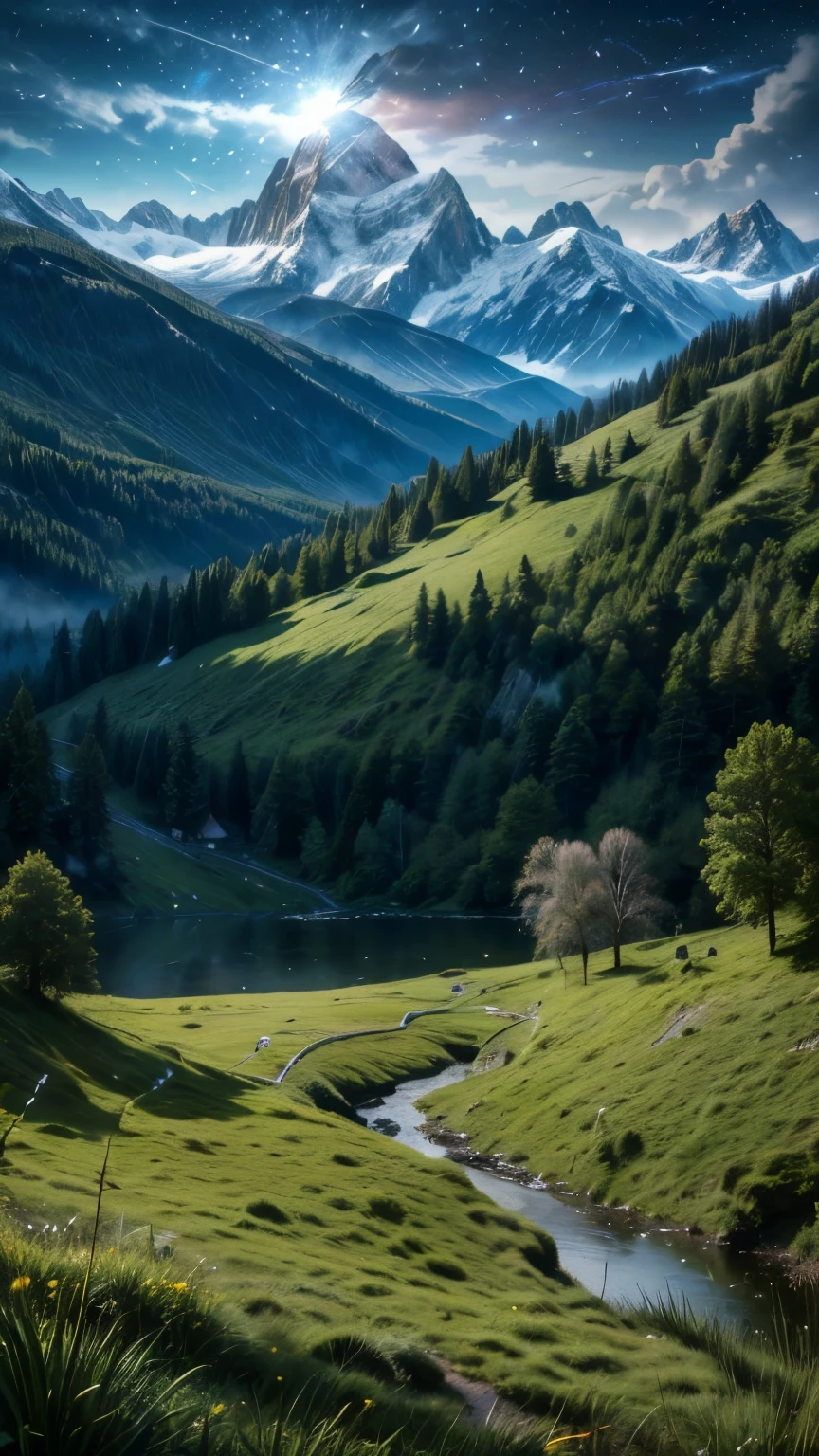 (Logo, Awesome, 8K, Tabletop, Raw Photo, Awesome, Top Quality, High Quality, Highly Detailed, Particle Effects, Dynamic Effects, Raytracing, Tabletop, Realistic, Ultra HD, Fantasy), Wind, Story Poetry, the beauty and brilliance of mountains and forests, the silence and beauty of the grasslands and vast lands of the world, night, full moon, lakeside, wonderful scenery, beautiful natural scenery.