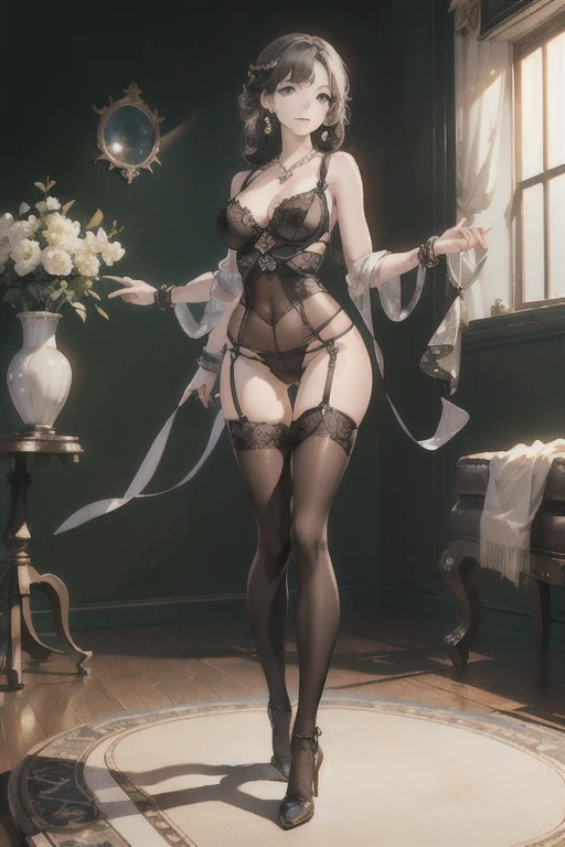 Masterpiece, Best Quality, offcial art, Highly Detailed CG Unified 8k Wallpaper, Best Quality, many fine details, Masterpiece, Ultra-detailed, Illustration, realisitic, (HDR:1.4), (films), (pastel colours, faded colors, soothing tones:1.3), 8K_desktop, (Natural skin texture, Hyper-photorealism, Soft light, edgy), (Extremely detailed), Professional Lighting, illumination, ((1Girl, 20yo)), an extremely delicate and beautiful girl, Beautiful detailed eyes, Beautiful detailed girl, Messy hair, large full breasts, (Very slender and slender muscular body:1.3), (large full breasts, slim waist, thick-thighs, :1.3 ), (Beautiful and perfect hands:1.5), (Good round, raised buttocks:1.3), (Very long and slender sexy legs:1.4), (Very long and slender calves:1.5), ((Luxury lace black bra)), ((Luxury lace black panties)), ((Thigh luxury lace black tights)), ((Black Luxury Heels)), beautiful earrings, wristband, necklaces, Black chalk necklace, (Modern mansion luxury living room window background), (The living room has luxurious interiors and luxurious rugs), (Light comes through the window), (blured background), chandelier, (No one is in the background:1.3), Antic Properties, Solo, (Only one person:1.5) ((Sexual suggestion)), seductive smile smugly, The desire for dissatisfaction, (light brown hair), (bangs are cut horizontally., (Long straight hair), (face focus:1.5), (Spread your legs:1.4), ((full body shots:1.3)), (kneel). (from front:1.3), (Looking at the viewer)
