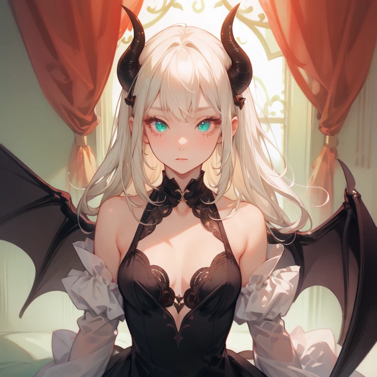 1girl, demon, crazy expression, evil, mint eyes, blonde almost white hair, demon horns, demon wings on her back, small breast, black and mint colored dress