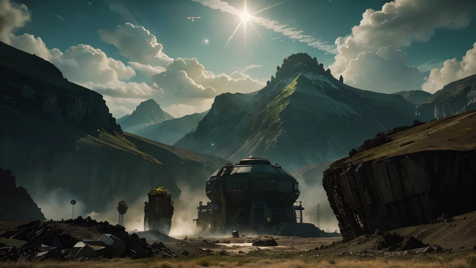 Sci-fi digital painting of an alien landscape with (otherworldly plants), ((strange creatures)), and distant moons in sky, and mining company with big machines, green fields, powerful sunshine, ((cinematic lighting)).