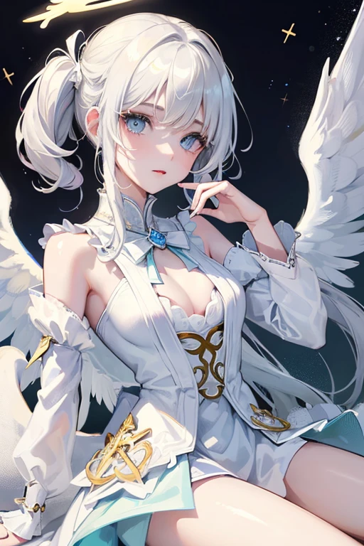 tmasterpiece, (Best quality:1.2), [:Complicated details:0.2], 1 young woman,  Angelic, the angel's wings, White frills, (Daytime sky), A flashing halo, intense concentration, Burst energy, mystic symbols, scintillation particles, blonde almost white hair, mint eyes 