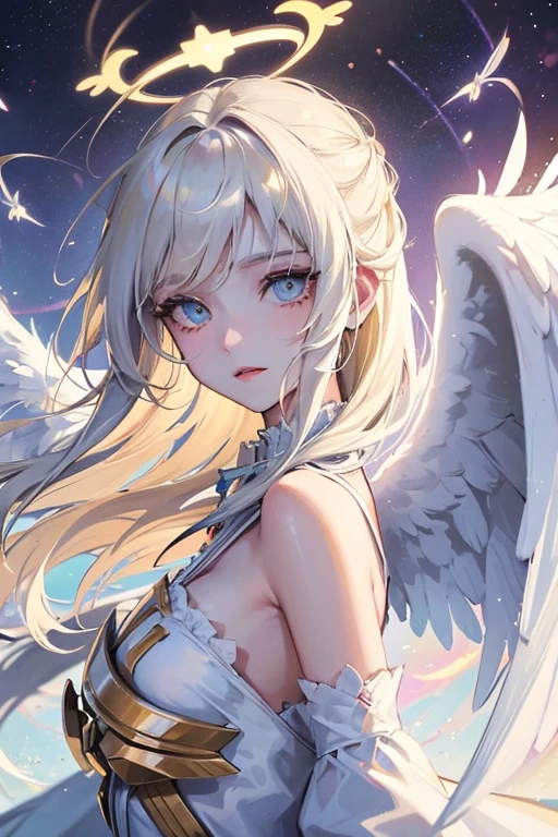 1 girl, (beautiful girl with twin wings), (wearing sexy white bikini:1.5), gal, high ponytail, (shiny light brown hair, bangs:1.2), detailed beautiful face, (finely detailed beautiful eyes: 1.3), beautiful wet skin, slender body, big breasts:0.7, peace sign with one hand:1.4, seductive look, upper body, (front view, from front, looking at viewer), shine colorful, 
((very detailed, ultra-high resolution, absurdres: 1.3, highres: 1.3, masterpiece: 1.3, best quality, very aesthetic, fine texture, newest, perfect lighting: 1.2, best shadow, sharp focus: 1.3, high color saturation)), (anatomically correct, perfect hands: 1.2), (professional photography:1.2)