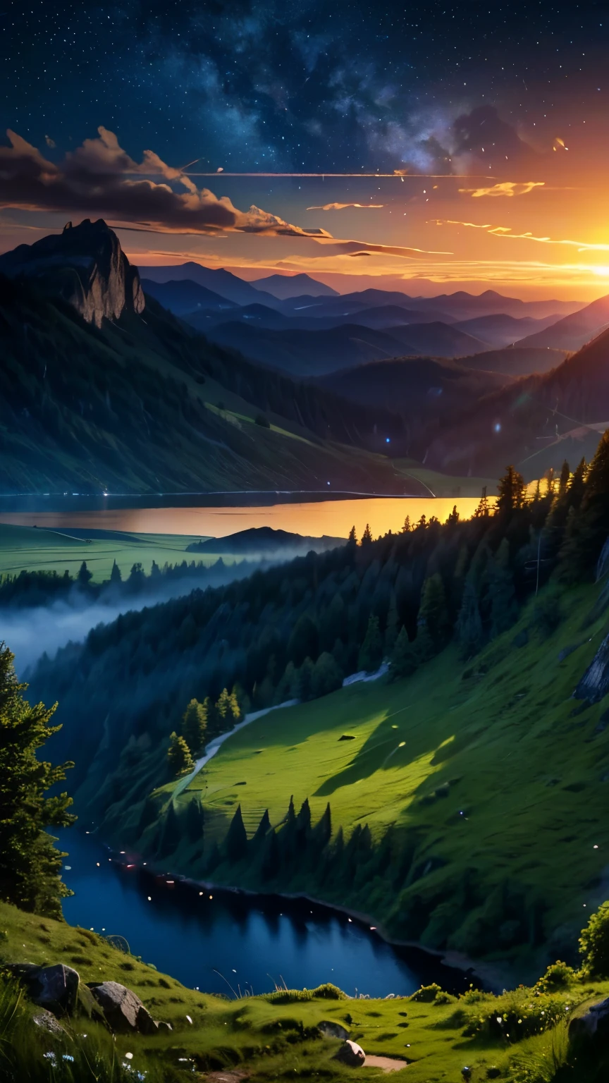 Logo, Awesome, 8K, Tabletop, Raw Photo, Amazing, Top Quality, High Quality, Highly Detailed, Real, Ultra HD, Fantasy, Wind, Story Poetry, Beauty and Radiance of Mountains and Forests, Grasslands of the World The silence and beauty of the vast land, night, starry sky, lakeside, wonderful scenery, beautiful natural scenery.