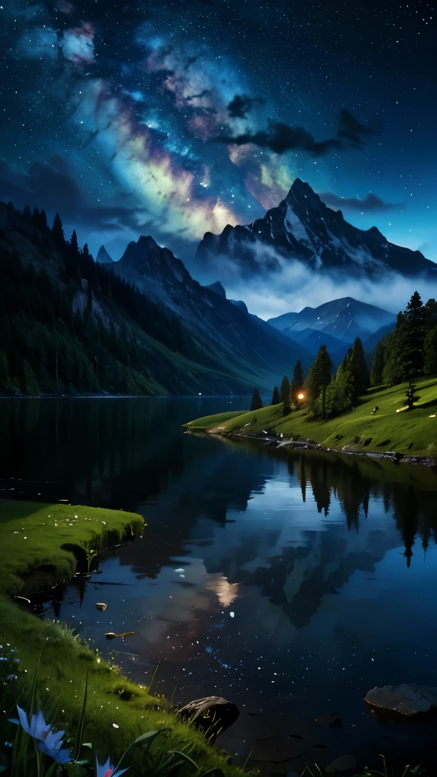 Logo, Awesome, 8K, Tabletop, Raw Photo, Amazing, Top Quality, High Quality, Highly Detailed, Real, Ultra HD, Fantasy, Wind, Story Poetry, Beauty and Radiance of Mountains and Forests, Grasslands of the World The silence and beauty of the vast land, night, starry sky, lakeside, wonderful scenery, beautiful natural scenery.