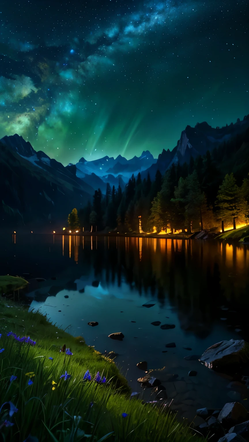 Logo, Awesome, 8K, Tabletop, Raw Photo, Amazing, Top Quality, High Quality, Highly Detailed, Real, Ultra HD, Fantasy, Wind, Story Poetry, Beauty and Radiance of Mountains and Forests, Grasslands of the World The silence and beauty of the vast land, night, starry sky, lakeside, wonderful scenery, beautiful natural scenery.