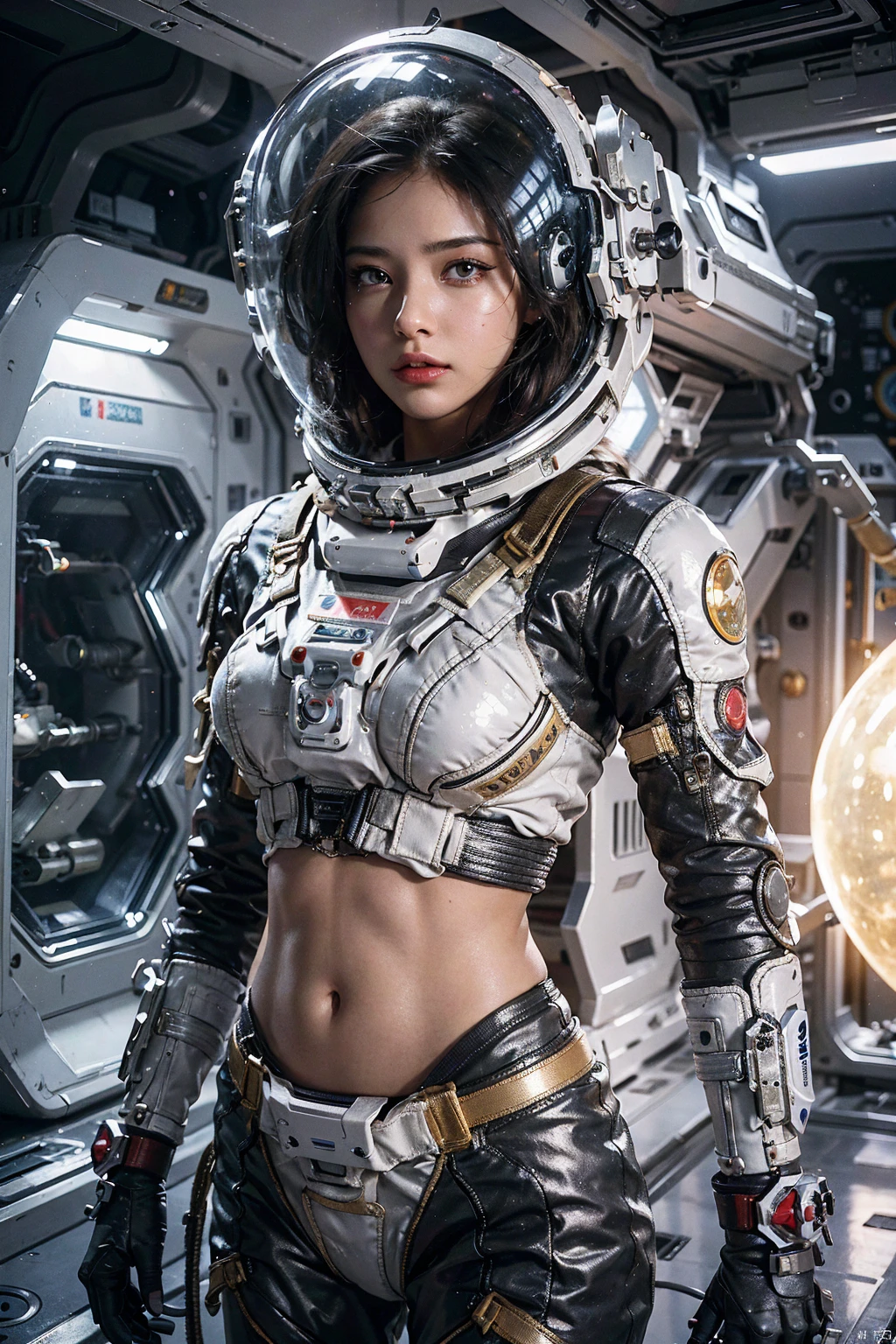 Ms. Arafed in a space suit standing in the space station, Portrait Armored Astronaut Girl, science fiction woman, science fiction women, sci-fi set, goddess in the universe, sci-fi space suit, Portrait anime space cadet girl, [ Trending on CGSociety ]!!, sci - fi look, sci-fi future clothing, Beautiful woman in a spacesuit, Futuristic space suit
