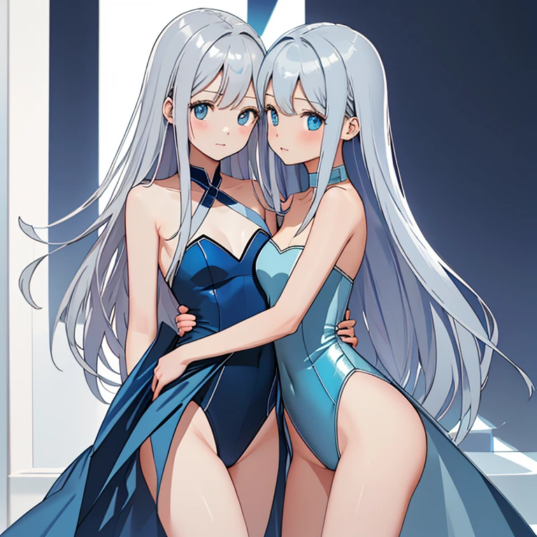 ((masterpiece、top-quality:1.5、a high chroma:1.5、ultra-detailliert、high-resolution illustrations:1.5、Ultra-high-definition CG、8k size wallpaper、offcial art))、(yuri),(2girls,twin sisters),(cute face:1.5)、(clear face:1.3),
(silver-only color scheme:1.5), (blue-only color scheme:1.5),(sexy body),(One only wears silver, one only wears blue),(strapless leotard),(long hair), ((small breasts))、
,(yuri),(hug)、(upper body)、