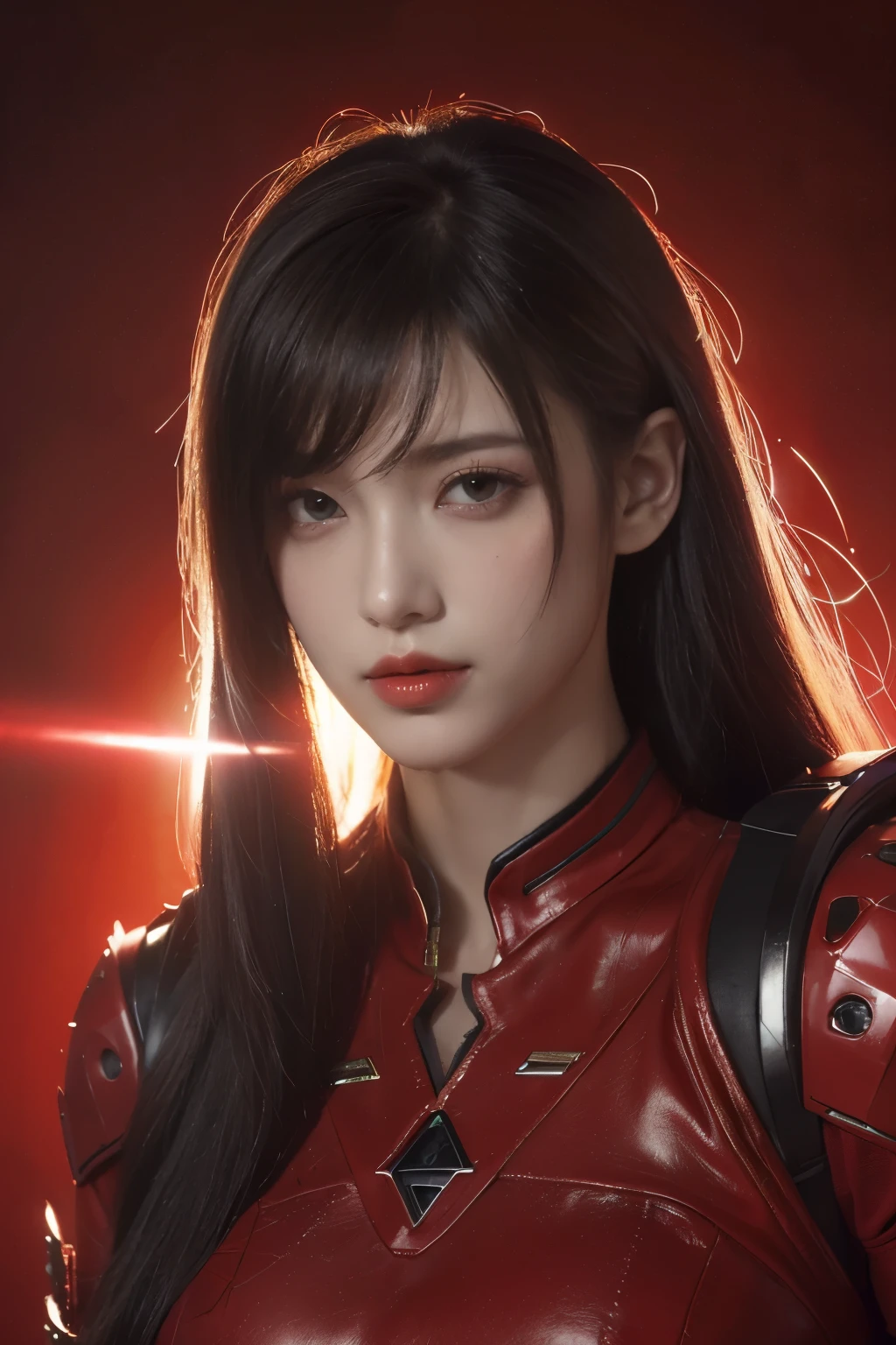 tmasterpiece,Best quality,A high resolution,8K,(Portrait photograph:1.5),(ROriginal photo),real photograph,digital photography,(Combination of cyberpunk and fantasy style),(Female soldier),20 year old girl,random hair style,By bangs,(Red eyeigchest, accessories,Redlip,(He frowned,Sneer),(Cyberpunk combined with fantasy style clothing,Openwork design,joint armor,police uniforms,Red clothes,red colour),exposing your navel,Photo pose,Realisticstyle,Thunder and lightning on rainy day,(Thunder magic),oc render reflection texture