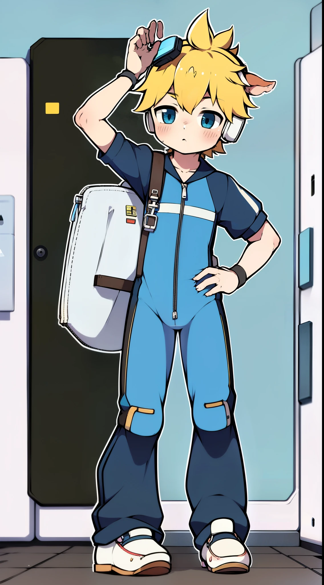 2D boy Shota，One-piece mountaineering suit，Put the headphones on your head，standing，goggles，horns，cow ears，sports shoes，Pull down the zipper