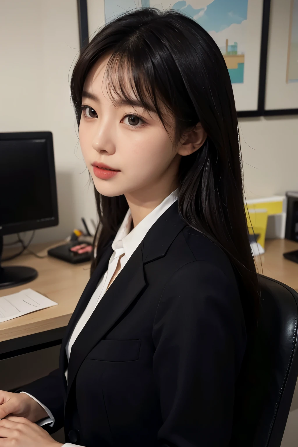 High-res, Realistic portrait of professional korean office lady with perfect skin,Professional suits,Women's suits,stand posture,The upper part of the body,Women in the workplace,Show confidence and maturity, Surrounded by a modern corporate environment, Vibrant and naturally lit highlights. The artwork should emphasize her elegant facial features, Including charming long eyes, Fluttering eyelashes and seductive lips. The scene should be enhanced with elements of professionalism and visual appeal,For example, Stylish work desk, Mainframe computers, High-resolution display, and complex stationery. The overall tone should be warm and professional, Has a soft and natural color palette. The artwork should exude a sense of professionalism, Success, and cultural pride,The background is blurred out
