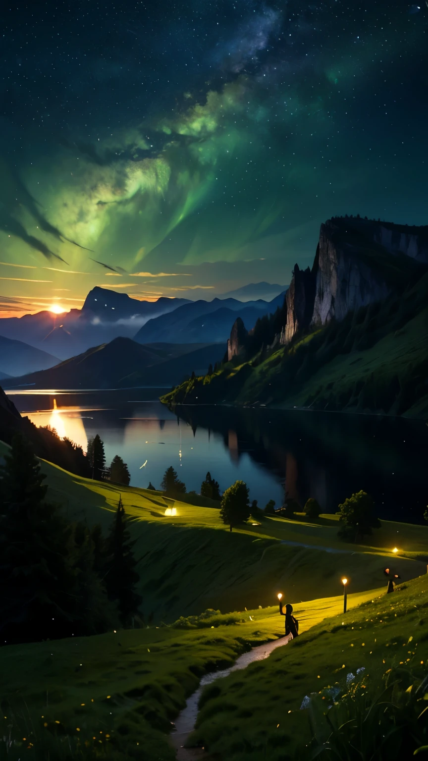Logo, Awesome, 8K, Tabletop, Raw Photo, Amazing, Top Quality, High Quality, Highly Detailed, Real, Ultra HD, Fantasy, Wind, Story Poetry, Beauty and Radiance of Mountains and Forests, Grasslands of the World The silence and beauty of the vast land, night, starry sky, lakeside, wonderful scenery, beautiful natural scenery.