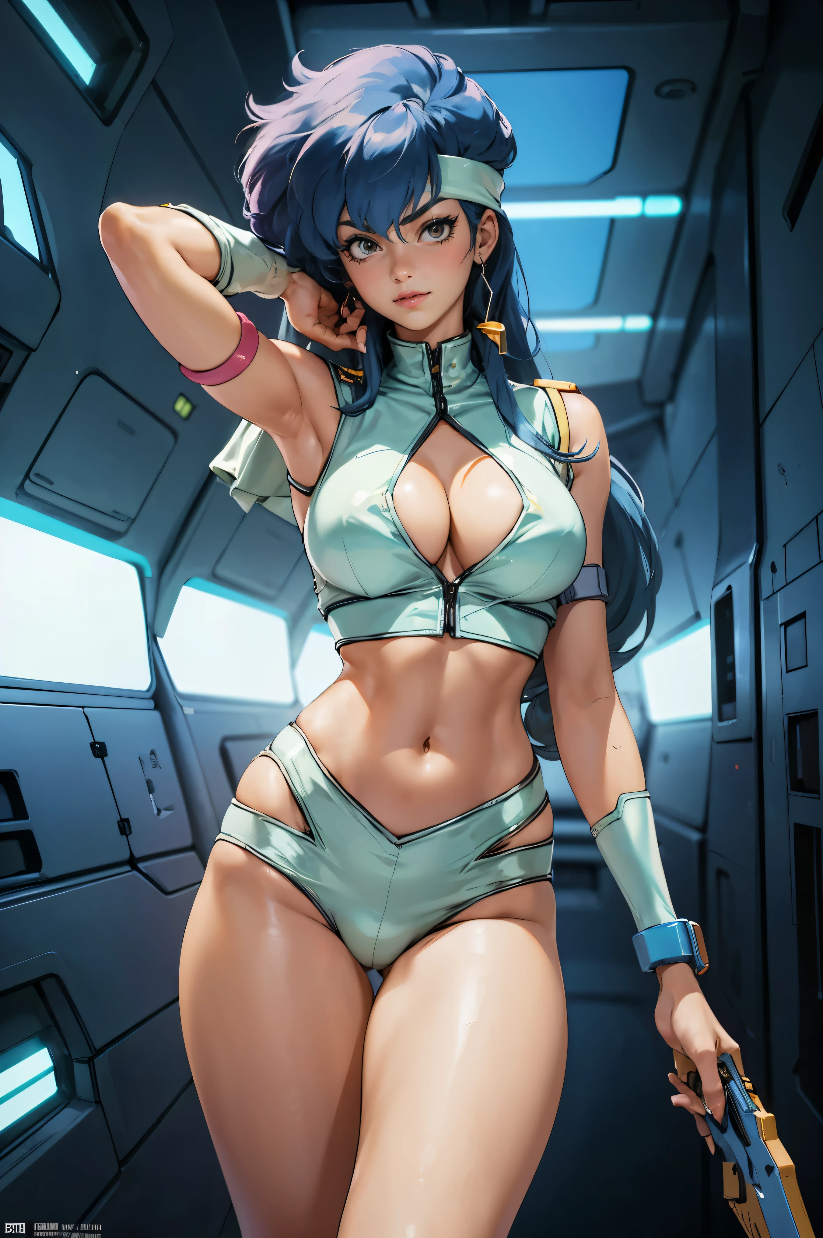 Yuri from The Dirty Pair, , wearing a tight outfit, light sage uniform, light blue uniform, skimpy, medium breast, (long hair), dark blue hair, long smooth hair, beauty, cyberpunk city background, holding retro space-gun, cleavage, slim waist, slim thighs, thigh gap, (light yellow uniform), show belly