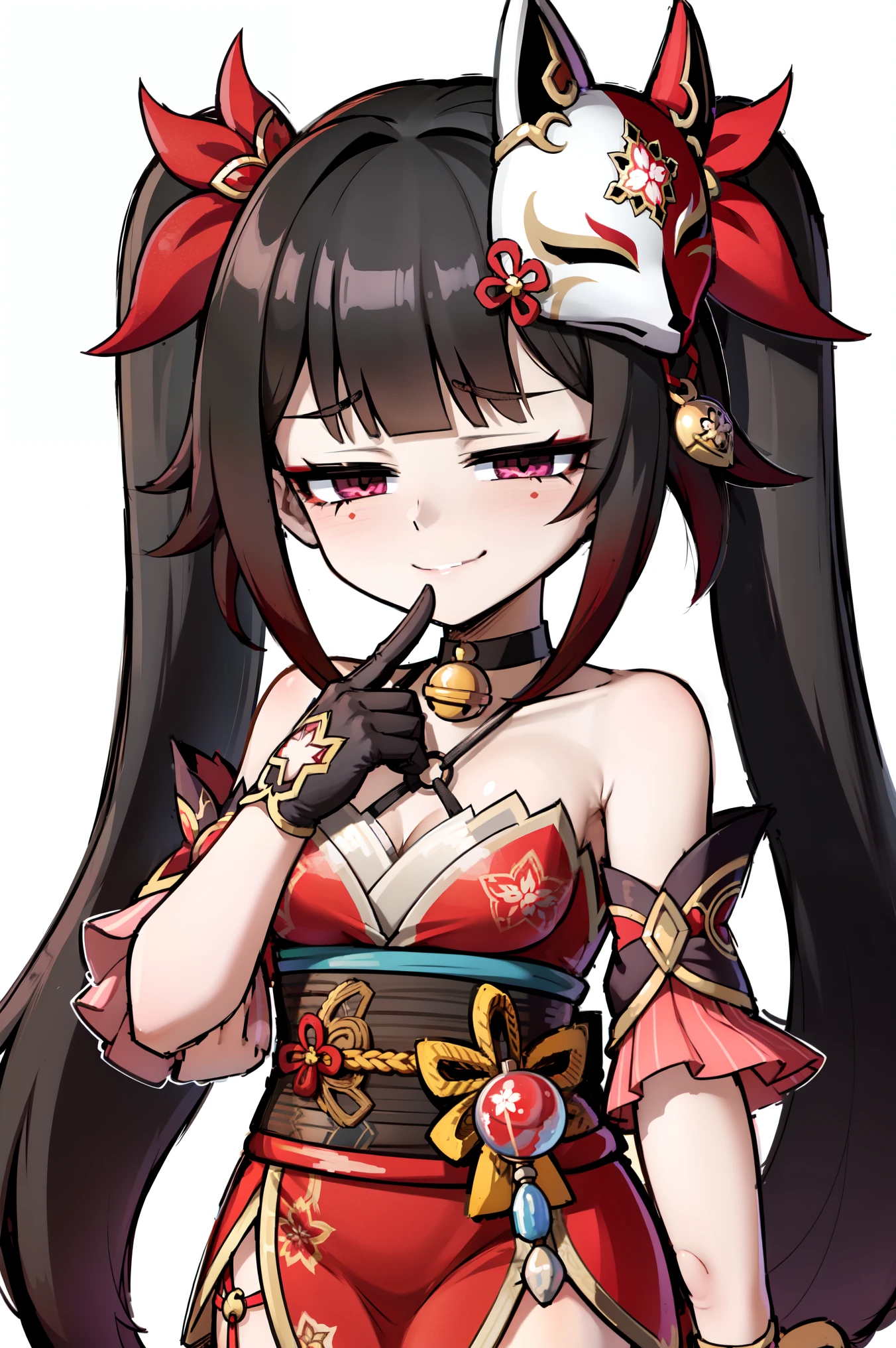 1girl, a girl standing with her finger on her own mouth, sparkle \(honkai: star rail\), small breasts, twintails, hair ornament, solo, off shoulder kimono, mask on head, detached sleeves, choker, obi, (glove), wristband, criss-cross halter, thigh strap, blush, upper body, (finger on own mouth) looking at viewer, gasping, ecstasy, seductive smile, wicked smile, smug, white background, masterpiece, best quality