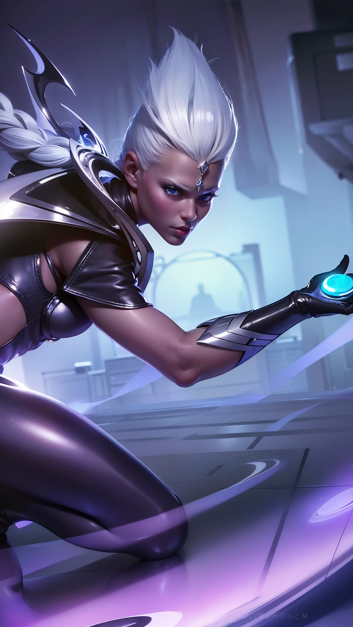 Woman a black outfit holding a blue light, platinum skin, 8k, ultra hd, ultra detailed texture, hyper realistic, masterpiece, detailed texture, detailed face, detailed skin, detailed lighting, (photorealistic:1.5), best quality, beautiful lighting, cinematic lighting, professional lighting, ultra highres, realistic, detailed hair, real hair, high quality, (realskin:1.5), extremely detailed, finely detail, ultra-detailed, white hair, blue eyes.