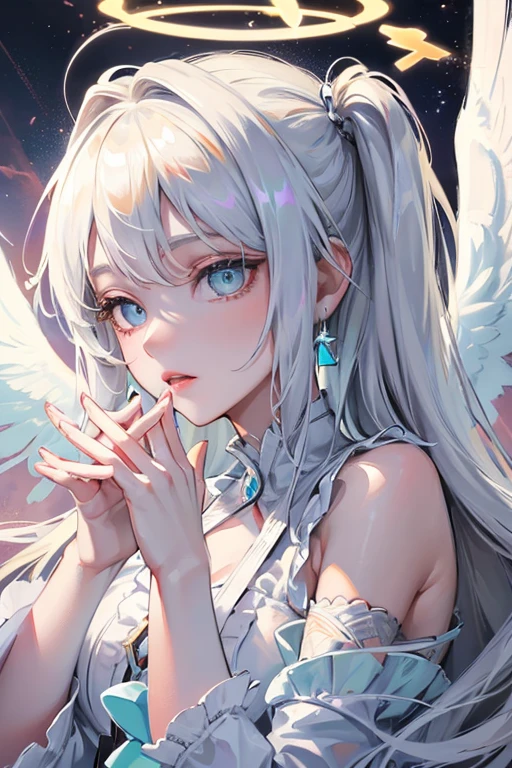 (High quality anime, High resolution, Ultra-detailed, beautifully detailed eyes, Beautifully detailed lips, extremely detailed eye and face, long eyelashes, Silver hair, Large breasts, Angel Rings and Wings,  masturbation, Blushing face, Long hair, in a house, flowing tears, On all fours, Buttocks visible)