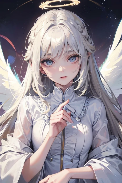 tmasterpiece, (Best quality:1.2), [:Complicated details:0.2], 1 young woman,  Angelic, the angel's wings, White frills, (Daytime sky), A flashing halo, intense concentration, Burst energy, mystic symbols, scintillation particles, blonde almost white hair, mint eyes 