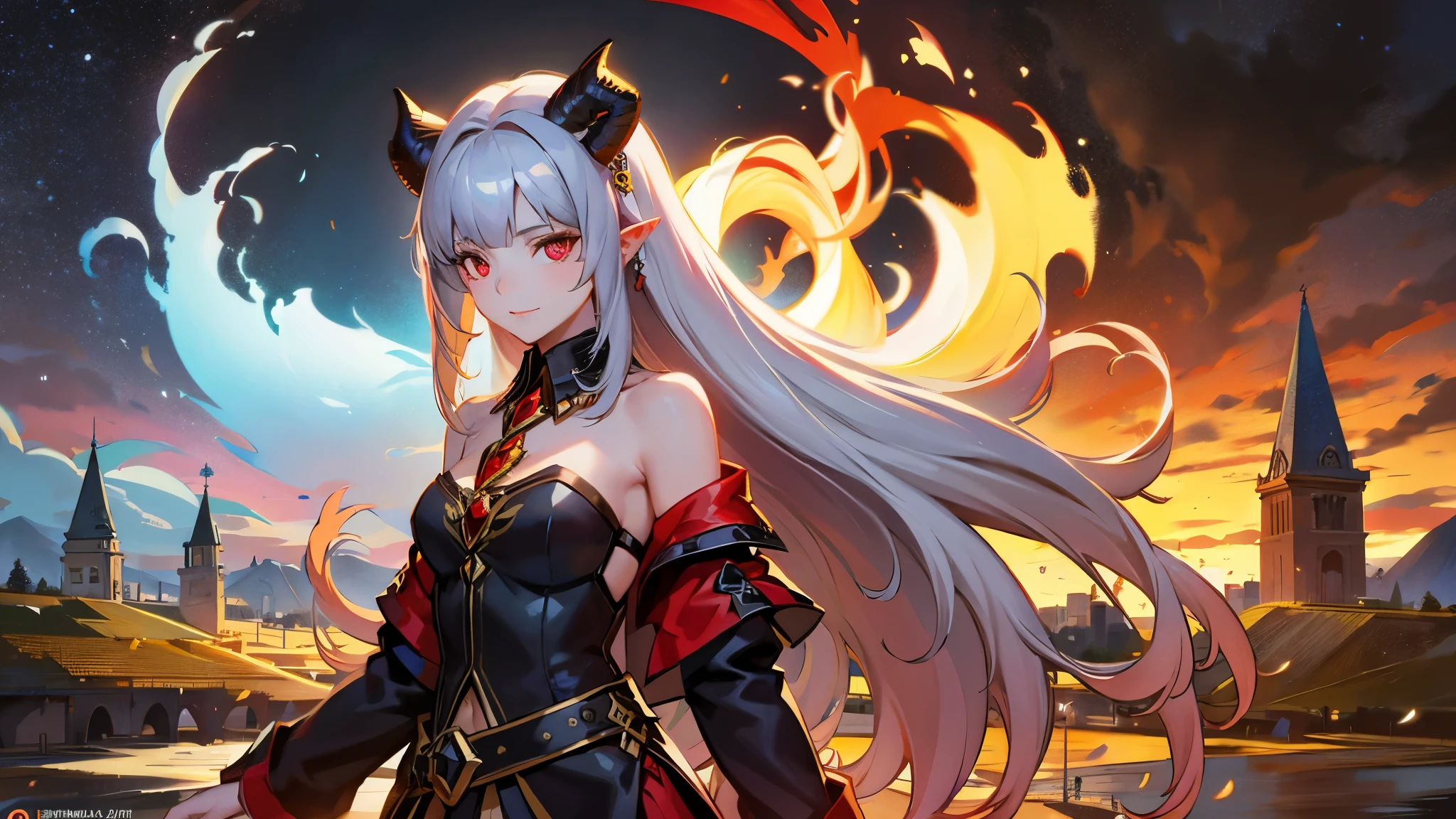 (best quality,4k,8k,highres,masterpiece:1.2),ultra-detailed,(realistic,photorealistic,photo-realistic:1.37),cute demon girl,demon,sexy,beautiful red eyes,black dress,vivid colors,sharp focus,long black hair,delicate features,slightly pointed ears,golden jewelry,enchanted smoke effects,fiery background lighting,dramatic pose,dynamic composition,seductive smile,dark and mysterious atmosphere,lush and vibrant setting,subtle horns and tail,satin texture,fierce and confident expression,mystical aura,alluring gaze