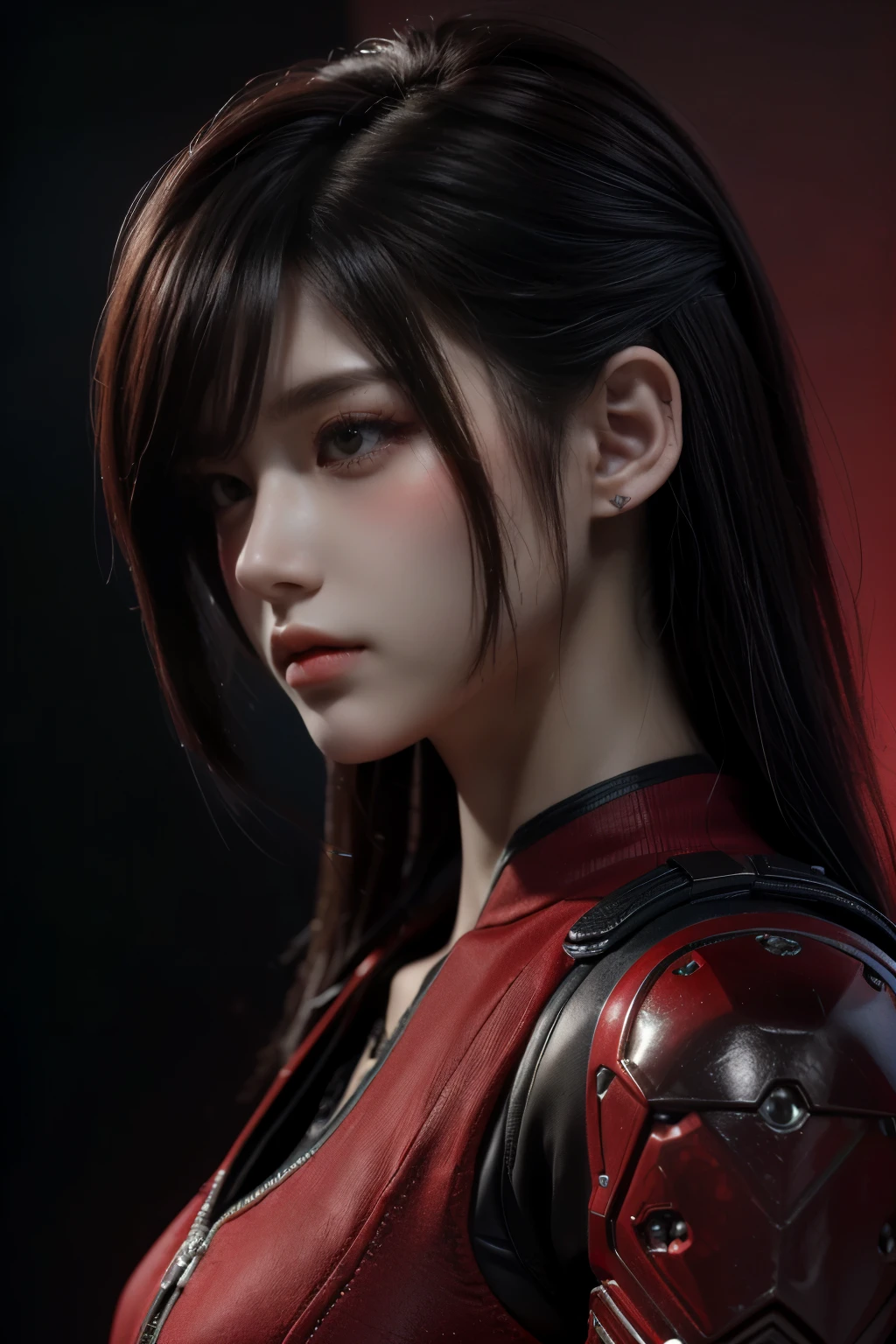 tmasterpiece,Best quality,A high resolution,8K,(Portrait photograph:1.5),(ROriginal photo),real photograph,digital photography,(Combination of cyberpunk and fantasy style),(Female soldier),20 year old girl,random hair style,By bangs,(Red eyeigchest, accessories,Redlip,(He frowned,Sneer),(Cyberpunk combined with fantasy style clothing,Openwork design,joint armor,police uniforms,Red clothes,red colour),exposing your navel,Photo pose,Realisticstyle,Thunder and lightning on rainy day,(Thunder magic),oc render reflection texture