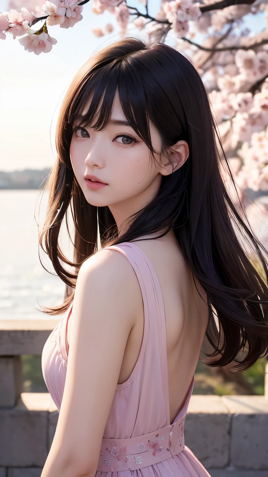 (A logo、masterpiece、8K、masutepiece、Raw photo、Fantastic、Best Quality、Photorealistic and ighly detailed CG integrated 8k wallpaper、hightquality、ighly detailed、epic poem、Particle effect、Dynamic effects、depth of fields、Cinematic Light、Lens Flare、Ray tracing)、Fantasia、 (Beauty 1 person、doress、Dress、Cherry blossom pattern、A dark-haired、Beautiful face、Real Face、beautiful details eyes beautiful skin)、my hair dances in the wind、Hair flutters in the wind、Hair jumps、Pink cherry blossom tree、Petals flutter、Sakura blizzard、Superb view、morning glow、Sun in the background、the wind、