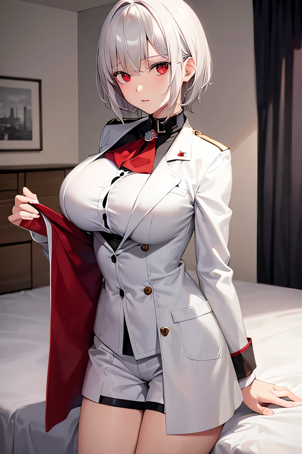 anime,dark room,best quality,white short hair,red eye,over coat,big breast,cute,on the bed,,military uniform